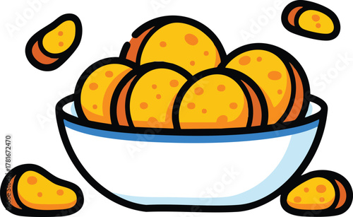 Bowl of yellow cheese puffs with some scattered around on a white background