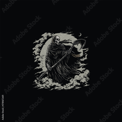 A detailed and dark illustration of the Grim Reaper holding a scythe, standing amidst swirling clouds and a pale moon on a black background
