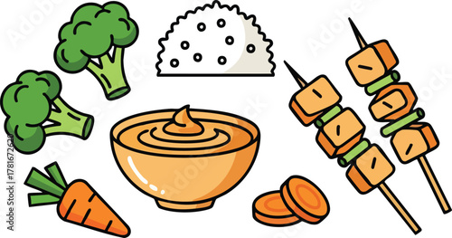 Pixel Art Food Ingredients Broccoli Carrots Skewers With Dip And Rice