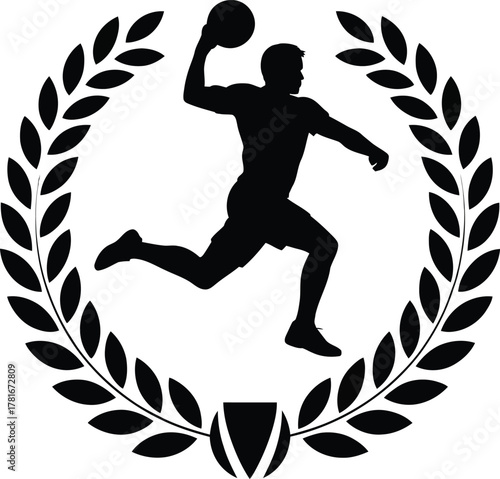 Man throwing handball silhouette with laurel wreath victory emblem