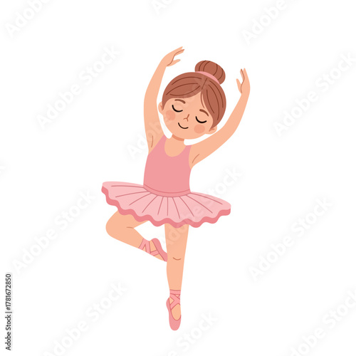 A young girl in a pink tutu performs a ballet pose with arms raised and eyes closed.