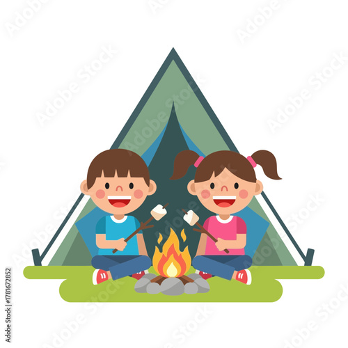 Two happy children roasting marshmallows over a campfire near a tent.
