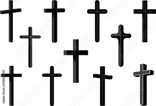 Black glossy cross vector illustration, Christian symbol of faith and hope, modern religious icon design set, minimalist style for worship and spirituality