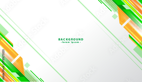 Displays white background with abstract green and orange geometric shapes. Ideal for graphic design, posters, banners, and digital art projects.