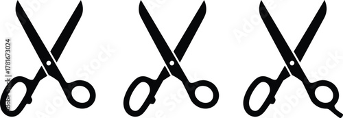 Black scissors icon set, vector illustration of cutting tools, simple silhouette design for salon, sewing, barber, craft, and office supplies artworkv