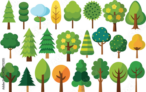 Colorful stylized flat design tree collection vector illustration