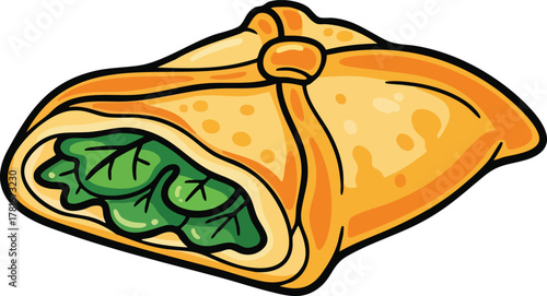 Baked pastry parcel with green filling and golden crust on white background