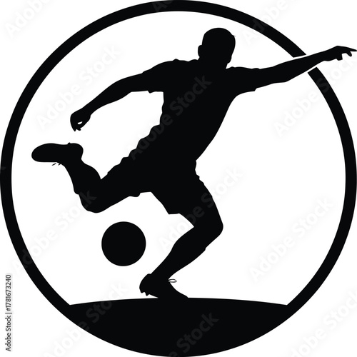 Dynamic soccer player kicking ball in a circular silhouette