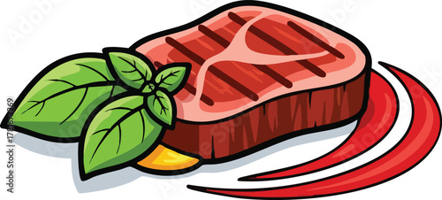 Juicy Grilled Beef Steak with Fresh Basil and Red Swirls on White Background