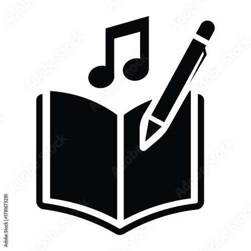 Music Composition Icon Vector | Open Book with Pen and Musical Notes Symbolizing Songwriting, Creativity, and Lyric Writing