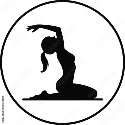 Woman in kneeling backbend yoga pose within a circular design silhouette