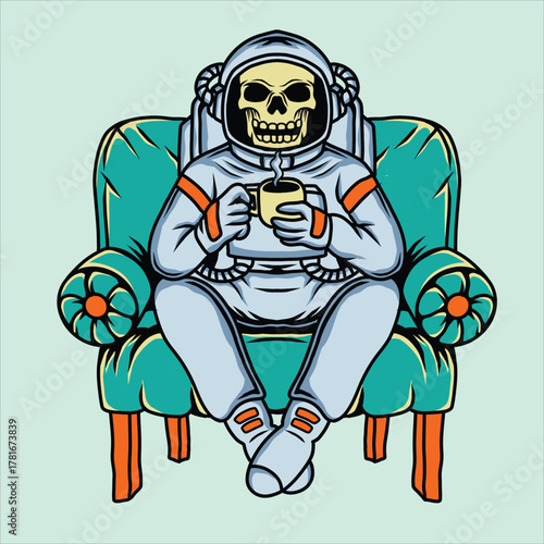astronaut sitting in a chair drinking coffee