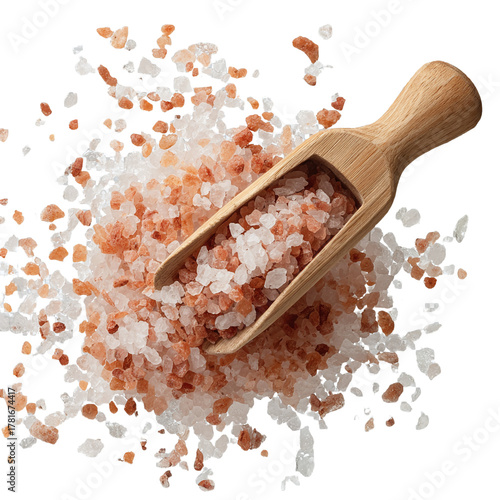 Coarse sea salt or Himalayan salt in a wooden scoop, top view. Isolated on transparent background, png