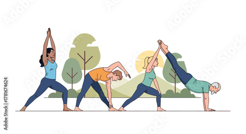 A diverse group of people practicing different asanas together to spell out the word YOGA in a park