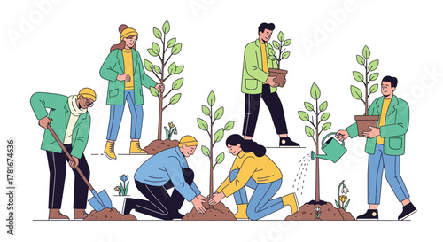 Diverse group of young volunteers planting trees together for environmental conservation and reforestation