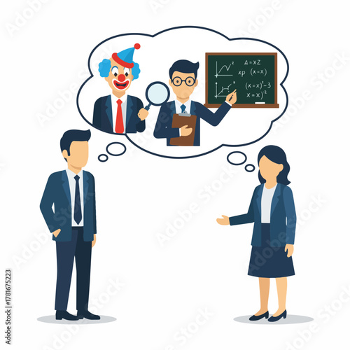 Business meeting with a man and woman facing each other, with thought bubbles showcasing a clown, and an educator in a suit and tie holding a board and a magnifying glass.