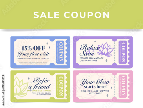 Cosmetic service coupon templates with discounts and special offers.