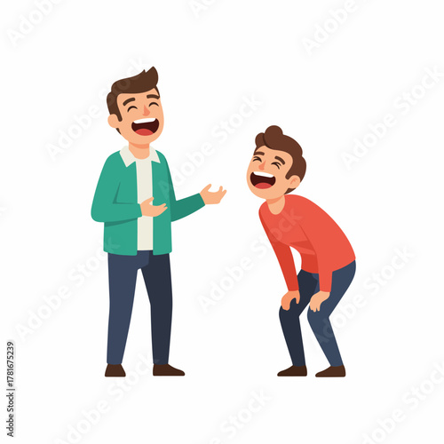 Two men laughing heartily, one gesturing with hand raised, the other bent over in hysterics, showcasing friendship, humor, and joy with open mouths and bright expressions.