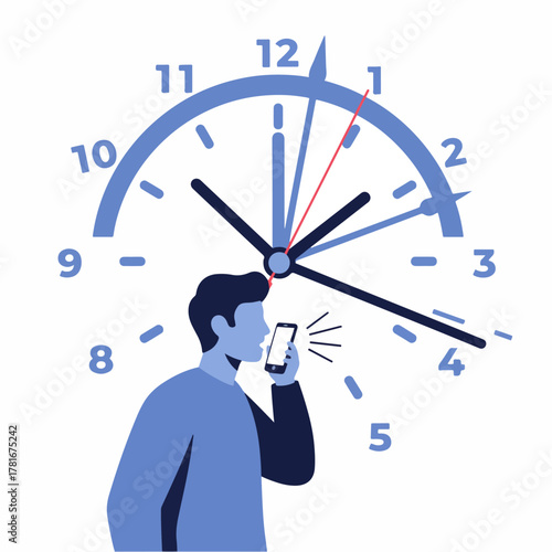 Clock showing almost 1 o'clock in the afternoon with a man talking on a smartphone, illustrating time management, deadlines and communication, depicted in blue and white colors.