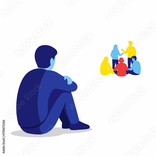 Back view of a saddened blue person sitting alone, looking at a brightly colored group of interacting people, suggesting isolation, depression, and loneliness.