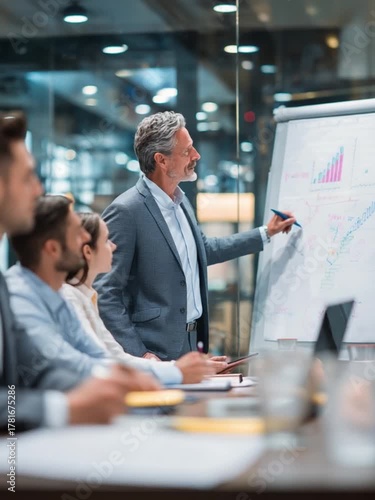 Strategic Insights Unveiled: A distinguished business leader charts the course, sharing valuable data and innovative strategies on a whiteboard to a focused team. The scene embodies collaboration.