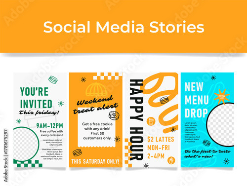 Social media story templates for cafes and restaurants that showcase enticing offers to attract customers, such as free coffee, happy hour lattes, and weekend treats.