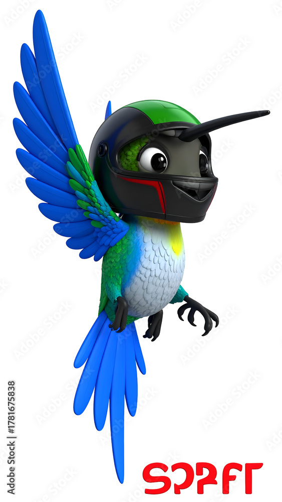 Fototapeta premium Animated hummingbird character with blue wings and tail wearing a black and green helmet.