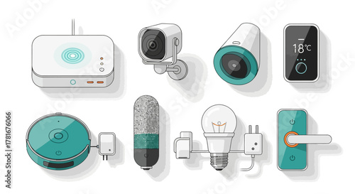 Collection of smart home devices and gadgets for modern living, showing convenience and automation