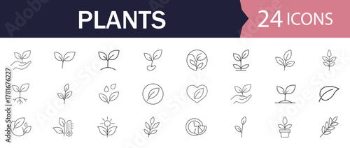 Plants set of web icons in line style. Modern vector illustrations of leaf, sprout, ecology, organic growth, gardening, seedling, nature care, eco badge, flower pot and more.