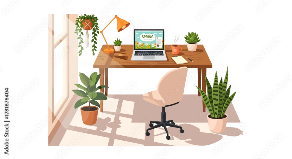 Fototapeta premium Modern remote workspace illustration with a desk and chair in a sunlit room filled with green potted houseplants