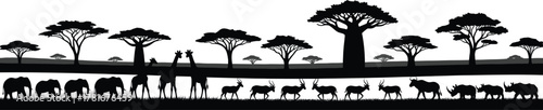 African wildlife safari silhouette with elephants, giraffes, antelopes, rhinos and baobab trees, nature landscape vector illustration, exotic savanna animal design scene