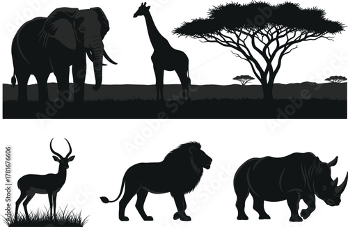 African wildlife silhouette vector illustration with elephant, giraffe, lion, rhino, antelope and savanna tree, nature landscape scene, safari animals design