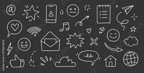 Emoji internet sketch icon set. Internet conversation, media outline tech emoji, star, arrow shape. Hand drawn sketch chat emoticon reaction, cloud, smile face on chalkboard. Vector illustration