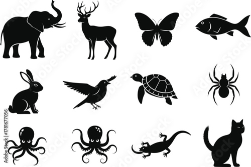 Animal silhouette vector illustration with elephant, deer, butterfly, fish, rabbit, bird, turtle, cat, spider, lizard, and octopus design collection