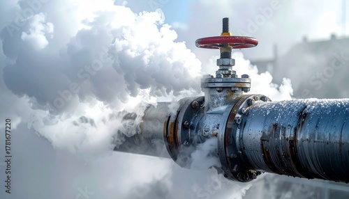 Close-up of Industrial Pipe Valve Leaking Steam or Gas Against Cloudy Sky