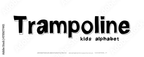 Trampoline font. Bold playful cartoon font with extrude line and funky squared rounded style. Perfect for kids branding