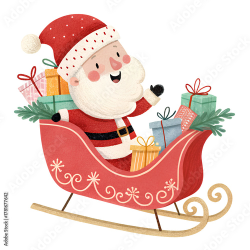 Cartoon Santa Riding Sleigh Full of Christmas Gifts
