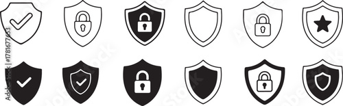 Security Shield Icon Set | Protection, Check Mark and Padlock Symbols | Vector Illustration