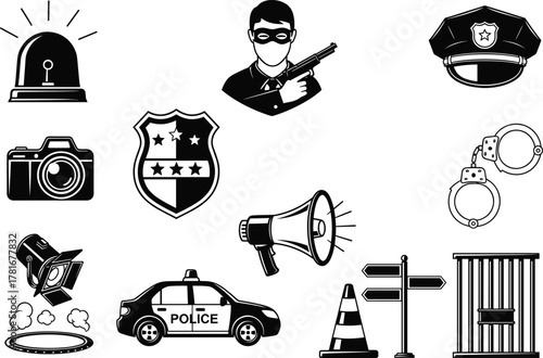 Black and white police crime vector illustration with law enforcement icons including badge, car, siren, handcuffs, prison, criminal, and safety symbols