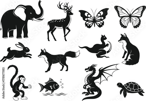 Animal silhouette vector illustration with elephant, deer, butterfly, rabbit, fox, fish, monkey, turtle, and dragon design, wildlife art collection