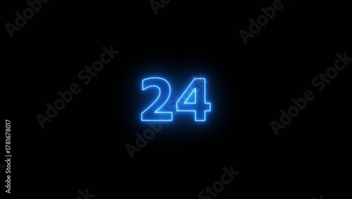 Glowing blue Neon number 24 on black background. 24 number countdown timer 4k image.