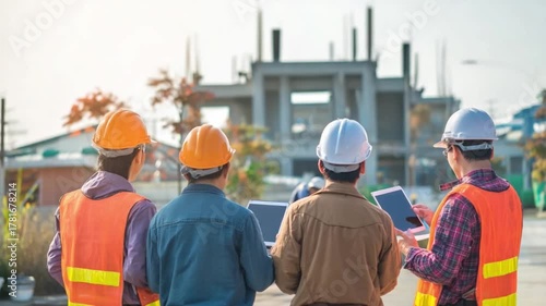 Construction Team Inspection: A team of construction professionals intently inspects a building project. The image highlights their expertise and attention to detail.