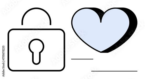 Closed lock beside a heart representing protection, trust, and care. Ideal for security, privacy, love, connection, commitment safety self-care themes. Minimal and simple flat metaphor
