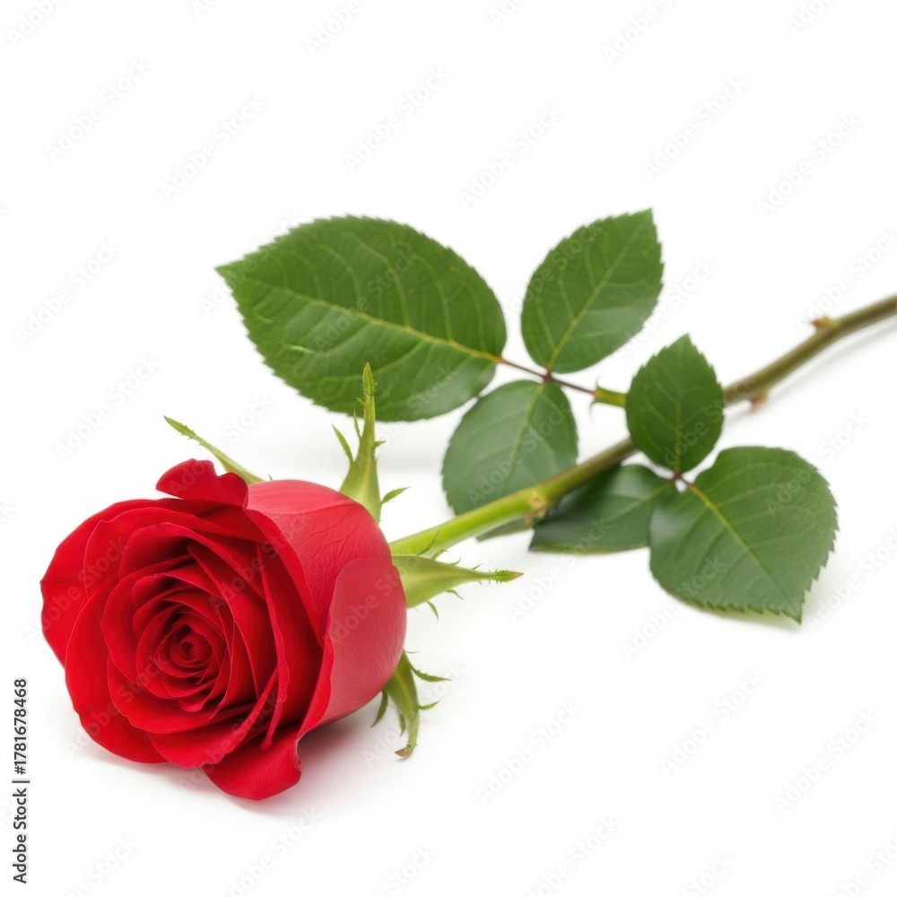 Naklejka premium A single red rose with green leaves and stem on a white background