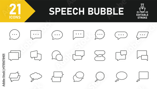 Speech bubble line icon set. Set of 21 outline icons related to speech, bubble, dialogue, message, chat, talk, comic and others. Editable stroke. Vector illustration.