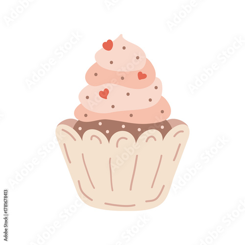 Hand drawn cute cupcake with cream and heart shapes sprinkles. Colorful flat vector Love symbols holiday clipart. Valentine's Day concept. Isolated on white background