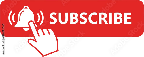 Hand clicking red subscribe button with notification bell icon engaging viewers for channel growth vector