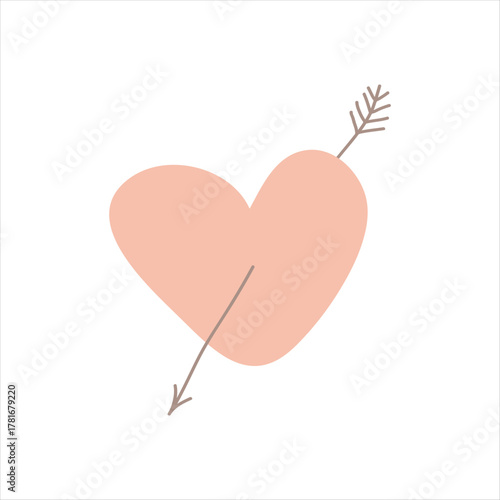 Hand drawn heart pierced by an arrow. Colorful flat vector Love symbols holiday clipart. Valentine's Day concept. Isolated on white background
