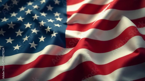 USA flag waves vividly, Patriotic flag with movement, Cinematic close up capturing waving American flag with textured fabric. Stars and stripes of United States flag in motion.