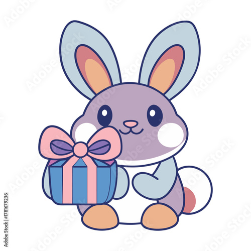 A charming bunny holds a present with a bow, , conveying a sense of giftgiving and celebration in a cute style